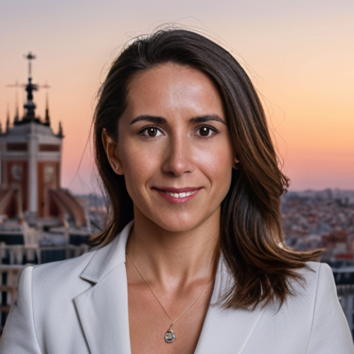 **Person Branding Portrait:** A professional headshot with a subtle, empowering aura. Focus on conveying expertise and trustworthiness. Background: A blurred cityscape of Madrid at dusk.