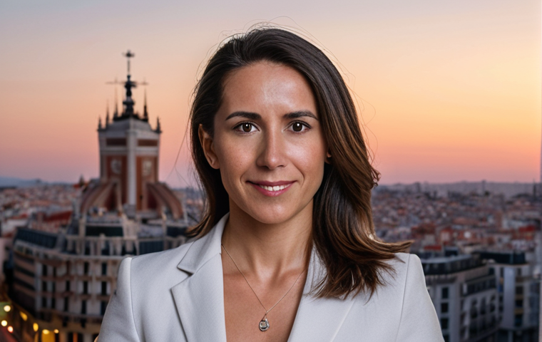 **Person Branding Portrait:** A professional headshot with a subtle, empowering aura. Focus on conveying expertise and trustworthiness. Background: A blurred cityscape of Madrid at dusk.