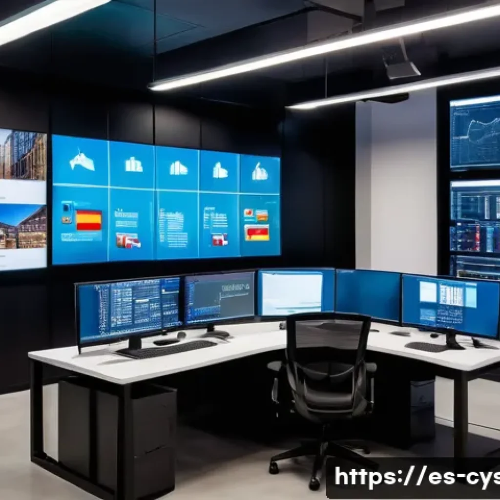 보안 관련 업계 뉴스 분석 및 트렌드 - A modern corporate cybersecurity operations center in a sleek office environment in Spain, featuring...