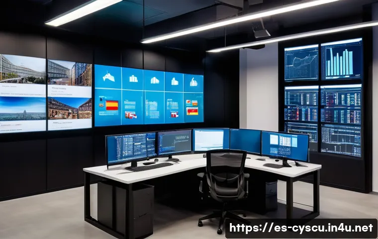보안 관련 업계 뉴스 분석 및 트렌드 - A modern corporate cybersecurity operations center in a sleek office environment in Spain, featuring...