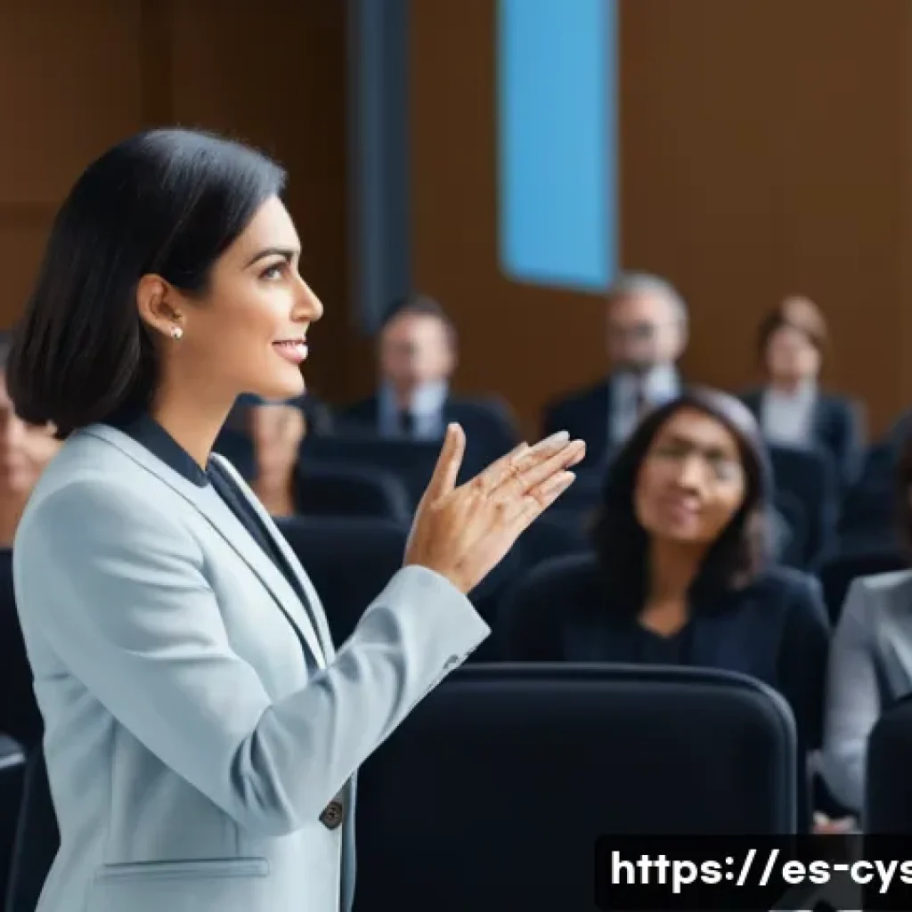보안 컨퍼런스에서 발표하는 방법 - A professional conference scene set in a modern auditorium filled with a diverse Spanish-speaking au...