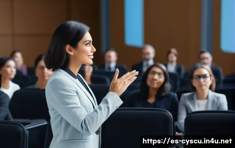 보안 컨퍼런스에서 발표하는 방법 - A professional conference scene set in a modern auditorium filled with a diverse Spanish-speaking au...