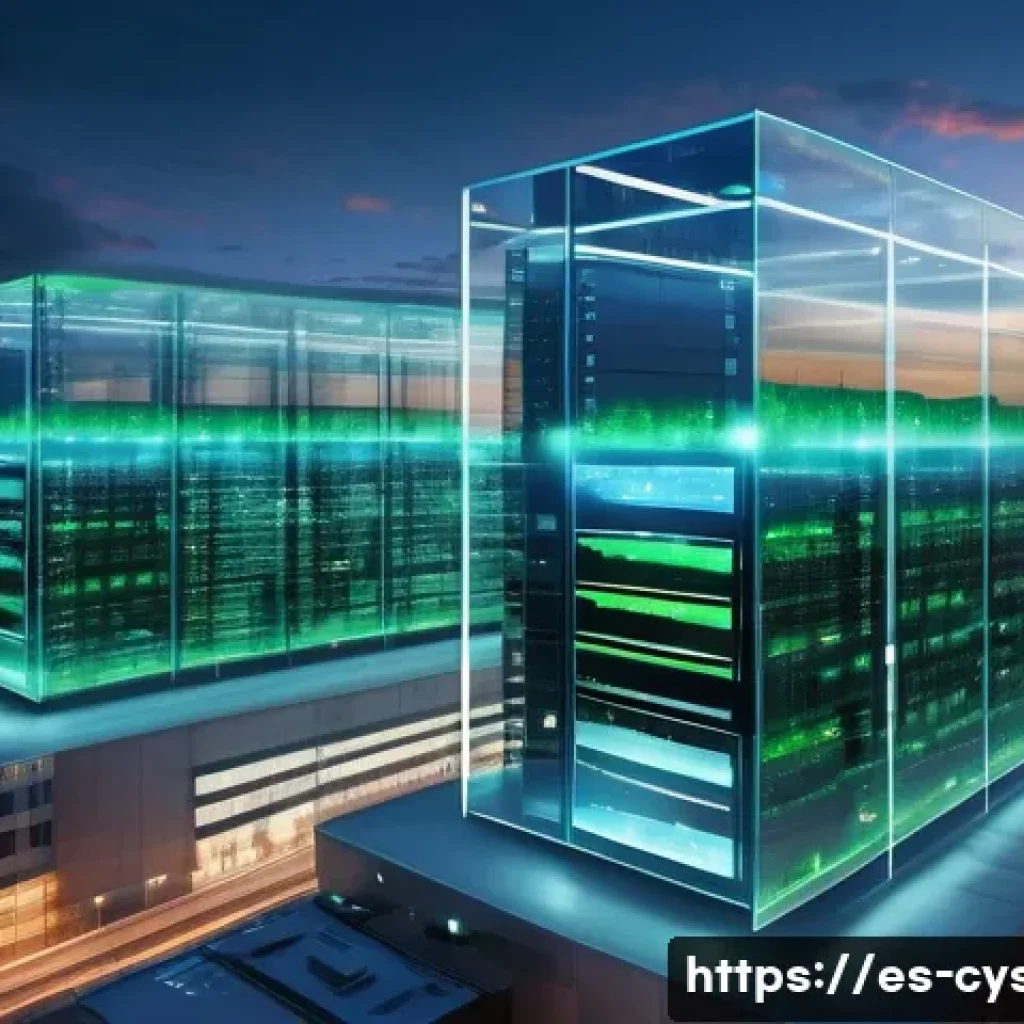 보안 전문가가 알아야 할 클라우드 플랫폼 - A highly detailed futuristic cloud computing data center set in a modern Spanish cityscape at dusk, ...