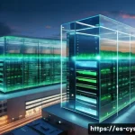 보안 전문가가 알아야 할 클라우드 플랫폼 - A highly detailed futuristic cloud computing data center set in a modern Spanish cityscape at dusk, ...