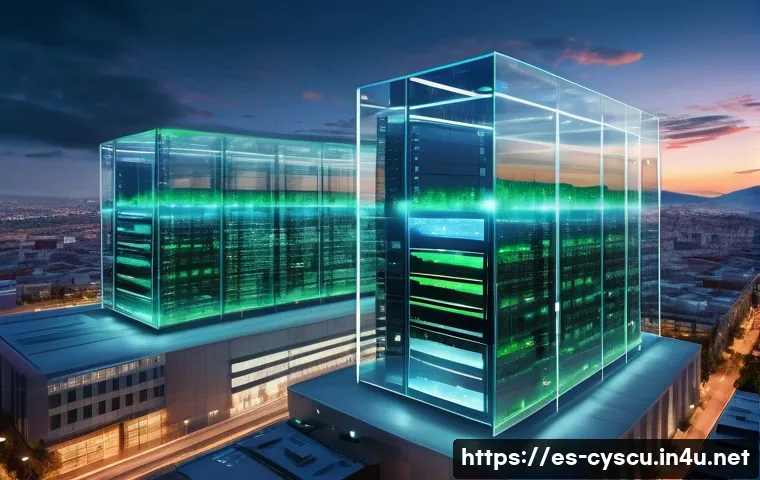 보안 전문가가 알아야 할 클라우드 플랫폼 - A highly detailed futuristic cloud computing data center set in a modern Spanish cityscape at dusk, ...