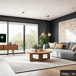 IoT 보안의 현재와 미래 전망 - A modern smart home interior showcasing a variety of IoT devices such as smart thermostats, security...