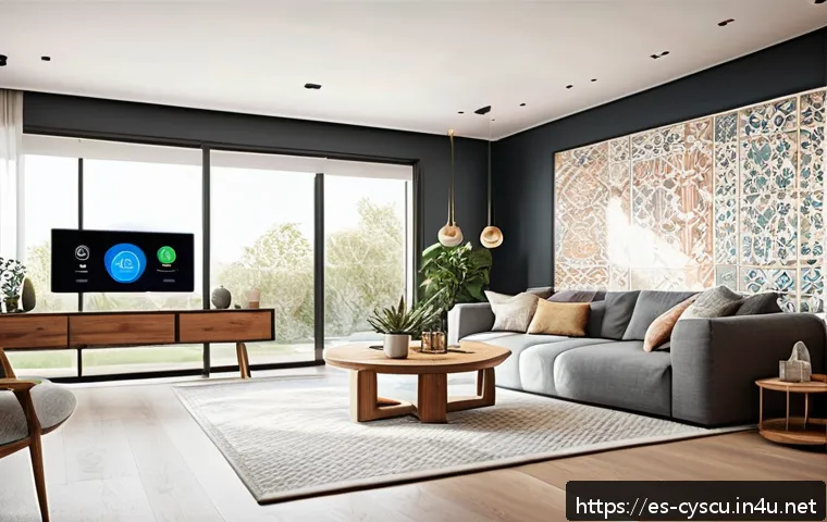 IoT 보안의 현재와 미래 전망 - A modern smart home interior showcasing a variety of IoT devices such as smart thermostats, security...