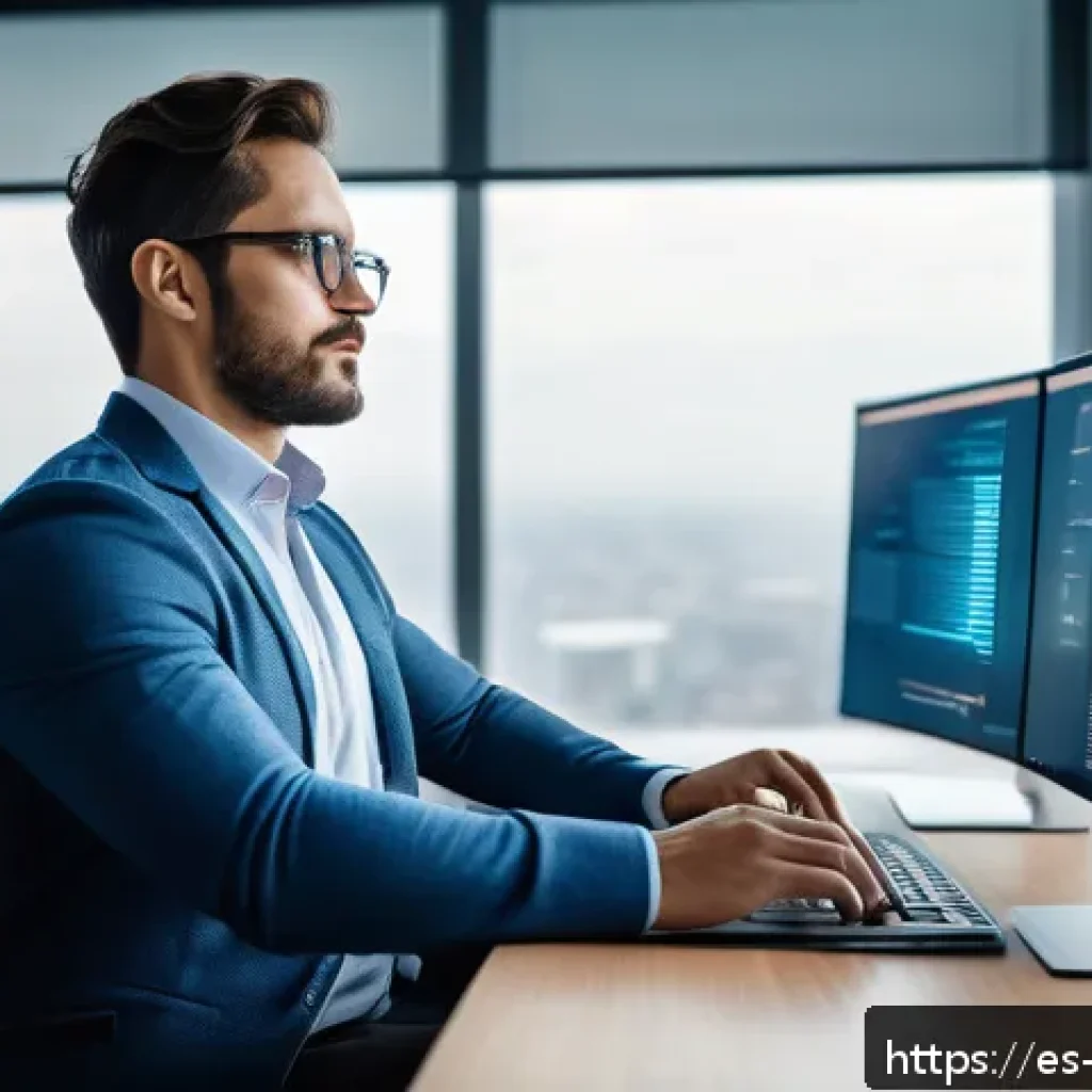 사이버보안 직무의 스트레스 관리 - A professional cybersecurity specialist taking a short active break in a modern office environment, ...