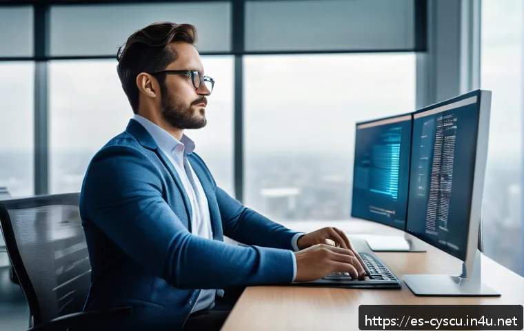 사이버보안 직무의 스트레스 관리 - A professional cybersecurity specialist taking a short active break in a modern office environment, ...