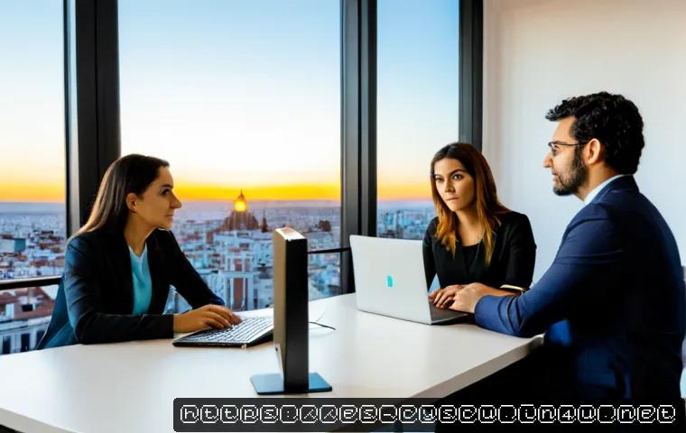 사이버보안 실무에서의 윤리적 문제 - Photorealistic cybersecurity ethics meeting in a modern Madrid office, diverse Spanish-speaking tech...